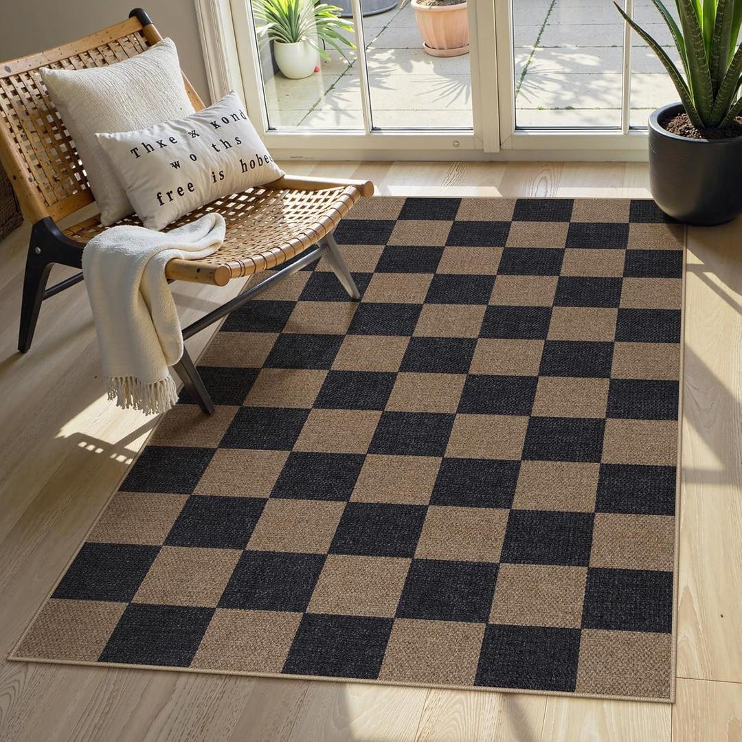 Lahome Colette Checkered Easy Jute 3x5 Rug, Washable Rugs for Living Room Entryway Farmhouse Non Slip Black Outdoor Carpet, Checkerboard Indoor Door Mat for Entry Patio Deck (Chocolate Brown/Checkerboard -1)