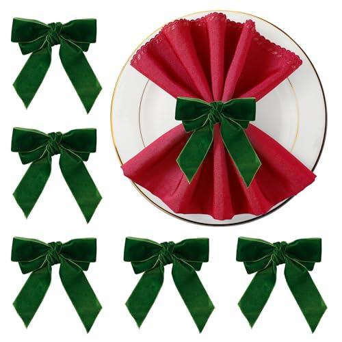 APTWOW Christmas Napkin Rings Set of 6 - Green Bow Velvet Napkin Holders, Chic Xmas Holiday Napkin Rings for Birthday Party, Anniversary Dinner, and Wedding Table Decorations