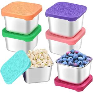 6Pack Stainless Steel Snack Containers for Kids, 6oz Easy Open Sauce Leak Proof Small Food Storage Container with Silicone Lids, Stackable Metal Toddler Lunch Box for Daycare, School and Travel