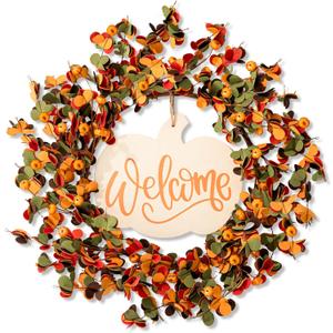 Fall Wreath for Front Door 20 inch, Autumn Artificial Wreath with Vibrant Leaves, Mini Pumpkin Berries & Pumpkin Wooden Welcome Sign for Front Door, Fall Decorations for Home Indoor & Outdoor