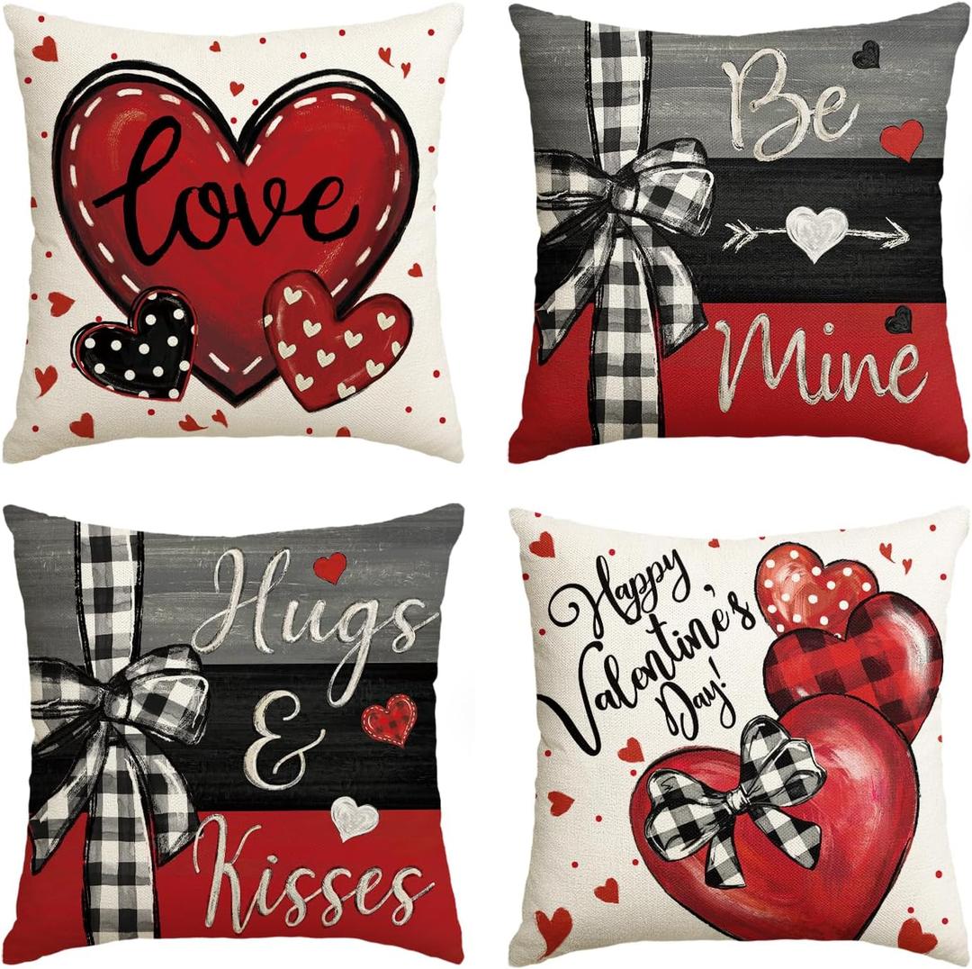 AVOIN colorlife Happy Valentine's Day Black and Red Heart Throw Pillow Covers, 20 x 20 Inch Hugs Kisses Be Mine Bowknot Stripes Love Anniversary Wedding Cushion Case Decoration for Sofa Set of 4