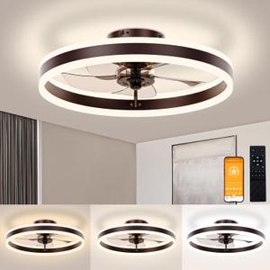 VOLISUN Low Profile Ceiling Fans with Lights and Remote, 19.7in Flush Mount Ceiling Fans with Light, 3000K-6500K Dimmable Fandelier LED Fan Light, Brown Bladeless Ceiling Fans with Lights for Bedroom