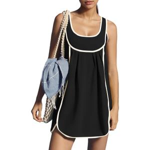 Locachy Women's Casual Summer Sleeveless Mini Dress Color Blocked Pleated Tank Beach Short Dresses (Black, Small)
