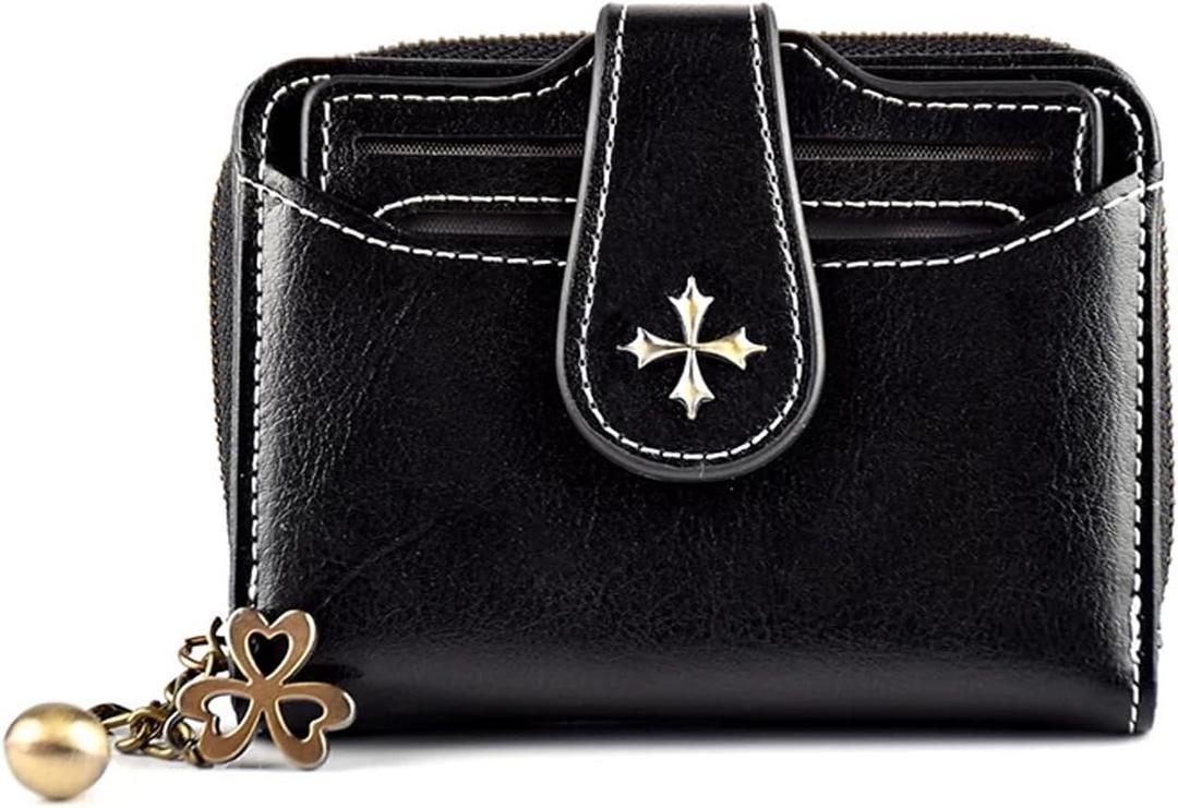 Cute Wallet for Women, Small Leather Bifold Wallet, Vintage Goth Purse Gift with Zipper Coin Pocket, Black