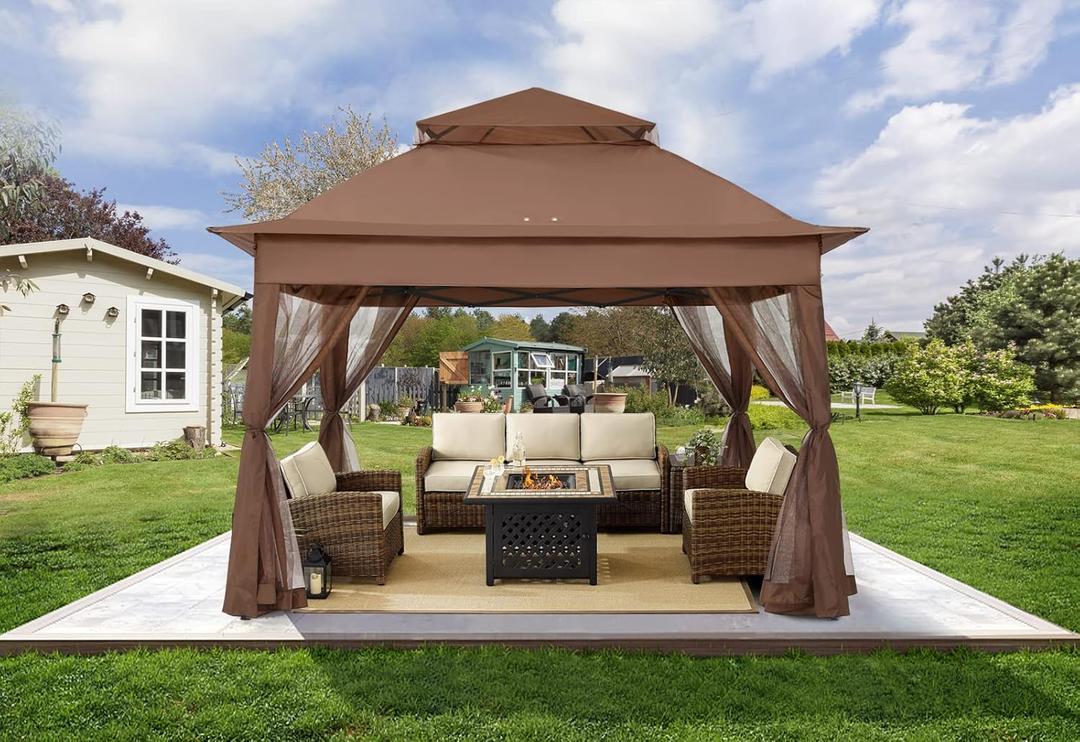 COOSHADE 11x11 Pop Up Gazebo Tent Outdoor Canopy Patio Shelter with Mosquito Netting(Brown)