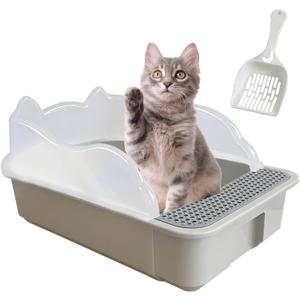 Kathson Open Small Cat Litter Box with High Side, Anti-Splashing Kitten Litter Pan, Semi-Enclosed Removable Kitty Cat Toilet with Litter Sifting Scoop for Boxes Easy to Clean No Odor-Grey