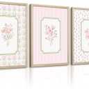 Pink Floral Wall Art Nursery Flower Canvas Wall Decor Baby Girl Wildflower Pictures Aesthetic Striped Botanical Poster Prints Pink Green Floral Painting Artwork for Girl Room 16x24 Inch Framed 3Pcs