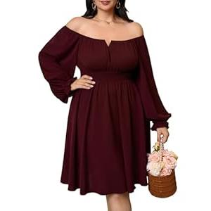 SHESTARR Womens Plus Size Cocktail Dress Fall Off Shoulder Long Sleeve Square Neck Smocked Waist Flowy A Line Short Dress Burgundy, 4XL