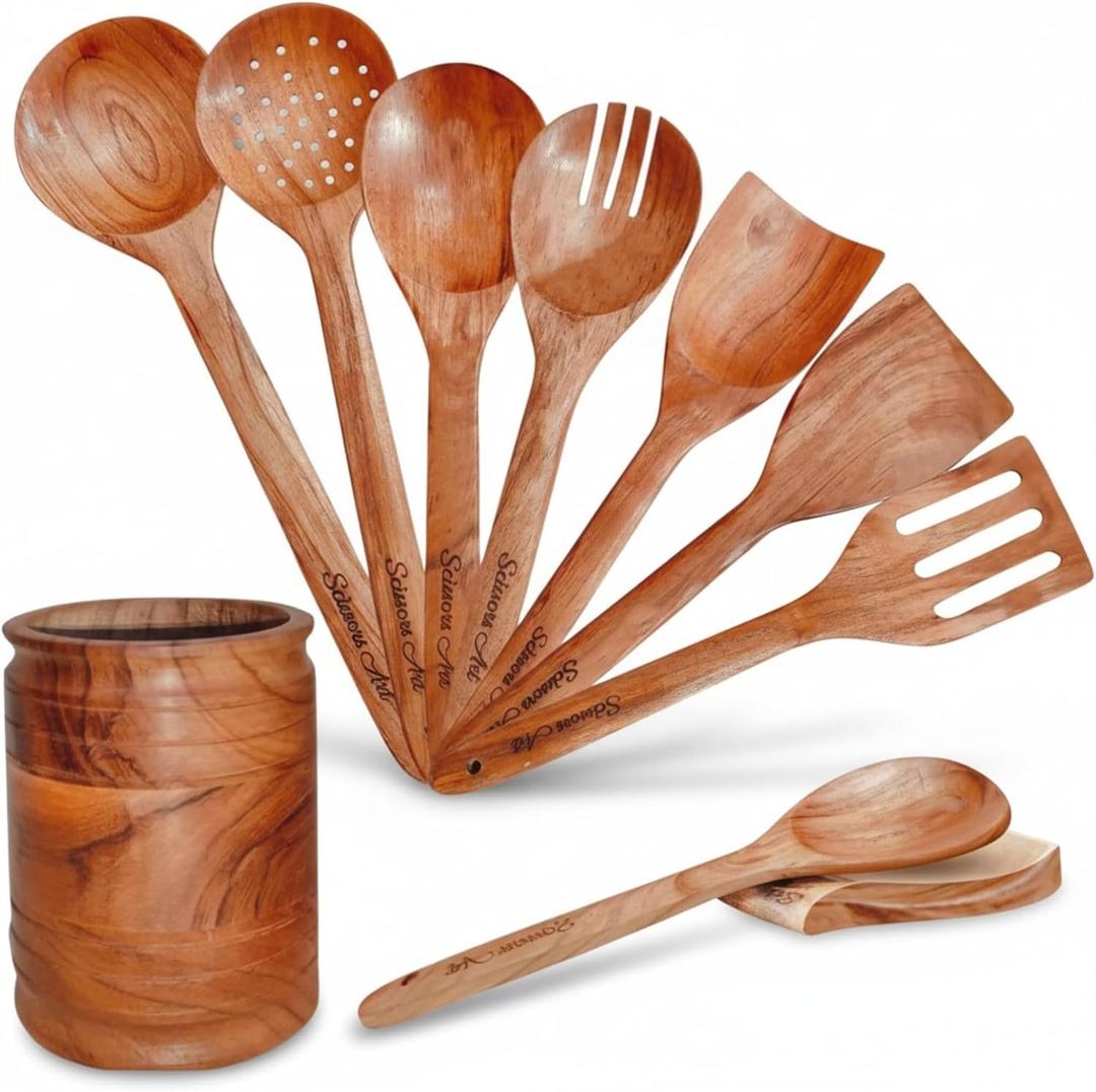 Wooden Cooking Utensil Set of 9  Natural Mango Wood Kitchen Tools with Holder & Spoon Rest | Nonstick Safe, Heat-Resistant, Eco-Friendly Wooden Spoons & Spatulas for Cooking & Serving