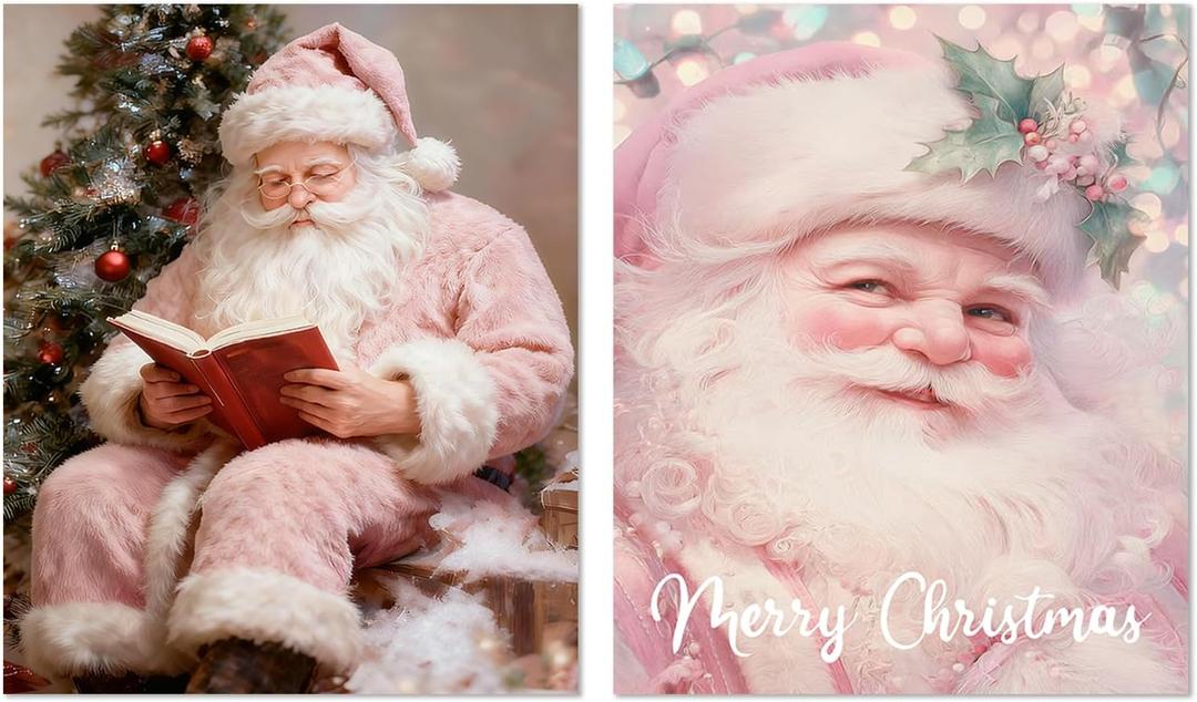 XUNLURY Pink Christmas Santa Diamond Art Kits 2 Pcs, Cozy Winter Christmas Santa Claus Reading Book Diamond Painting Kits for Adults Beginners, Full Drill Diamonds Dots for Home Decor, 9.8x11.8 Inch