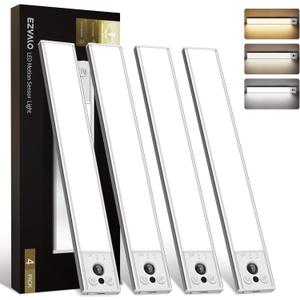 EZVALO 12inch Under Cabinet Lighting, 3200mAh Rechargeable Motion Sensor Light Indoor, with Dimmable & 3 Color Temps, Magnetic Closet Lights, Wireless Under Counter Lights for Kitchen, Stairs (4-Pack) (White)