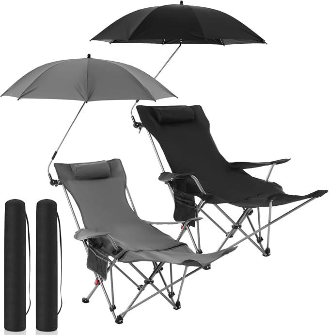 Yuntau 2 Set Reclining Beach Chairs with UPF 50+ Umbrellas Shade, Upgraded Heavy Duty Portable Folding Lounge Camping Chair with Canopy Removable Footrest & Headrest for Outdoor Patio(Grey, Black)