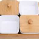 Bamboo Serving Tray, Modern 4-Compartment Appetizer Platter with Ceramic Bowls for Dips, Snacks, Veggies, Cheese, Multipurpose Entertaining Dish for Parties, Catering, Hosting