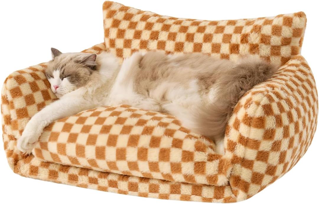 Hollypet Cat Bed Fluffy Plush Mutifuctional Double-Layer Soft Pet Couch Orthopedic Sofa Nest Beds for Small Cats and Dogs, Brown and Light Yellow (25x20x13 inch)