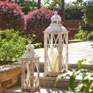Glitzhome Large Farmhouse Wooden Metal Lantern Set of 2, 28.74" H/20.47" H Rustic Decorative Floor Candle Lanterns, Distressed Hanging Lanterns for Home Dcor White (No Glass)