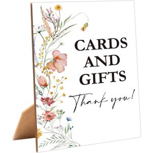 Boho Wildflower Cards and Gifts Sign for Baby Shower, 1 Pack Wooden Sign with Stand Tabletop Decor, Boho Baby Shower Decoration, Gender Neutral Party Supplies - WGD16