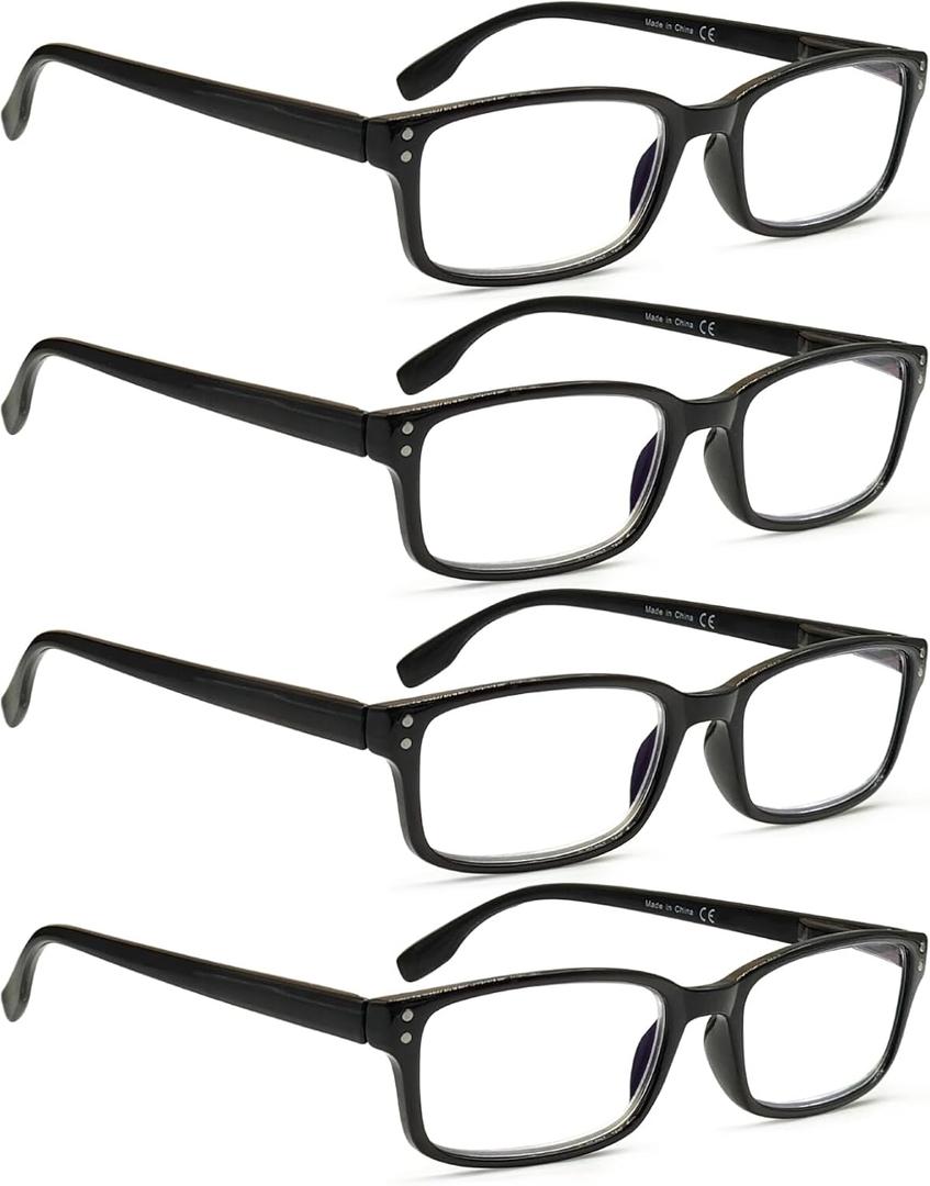 Kerecsen 4 Pack Reading Glasses for Men and Women with Spring Hinges, Lightweight Black Rectangular Readers Eyeglasses (4BLACK, 2.00, x)