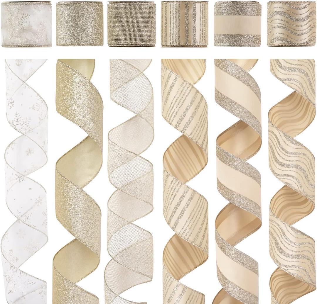 HUIHUANG Champagne Christmas Ribbon Wired Gold Tree Ribbon 6 Rolls Glitter Christmas Wired Edge Ribbons for X-mas Tree, Gift Wrapping, Wreaths, Garland, Home Decor (2.5" Wide, 36 Yards Total)