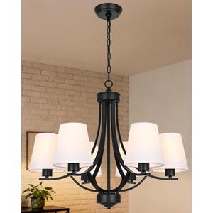 Farmhouse Chandeliers 6 Light Black Contemporary Pendant Lighting Rustic Dining Room Lighting Fixtures Hanging with White Fabric Shade, Flush Mount Ceiling Light for Bedroom Foyer