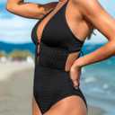 CUPSHE Women's One Piece Swimsuit Plunging Neck Cutout Monokini Textured | Bathing Suit, Removable Soft Cups, Ruched, Crisscross Self Tie Back, Adjustable Straps, Moderate Coverage, Vacation Ready (Black, L)