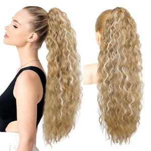 REECHO Ponytail Extension 30" Long Claw Clip Ponytail Extension Curly Wavy Pony Tails Hair Extensions Clip in Synthetic Hairpiece for Women, Medium Blonde with Blonde Highlights
