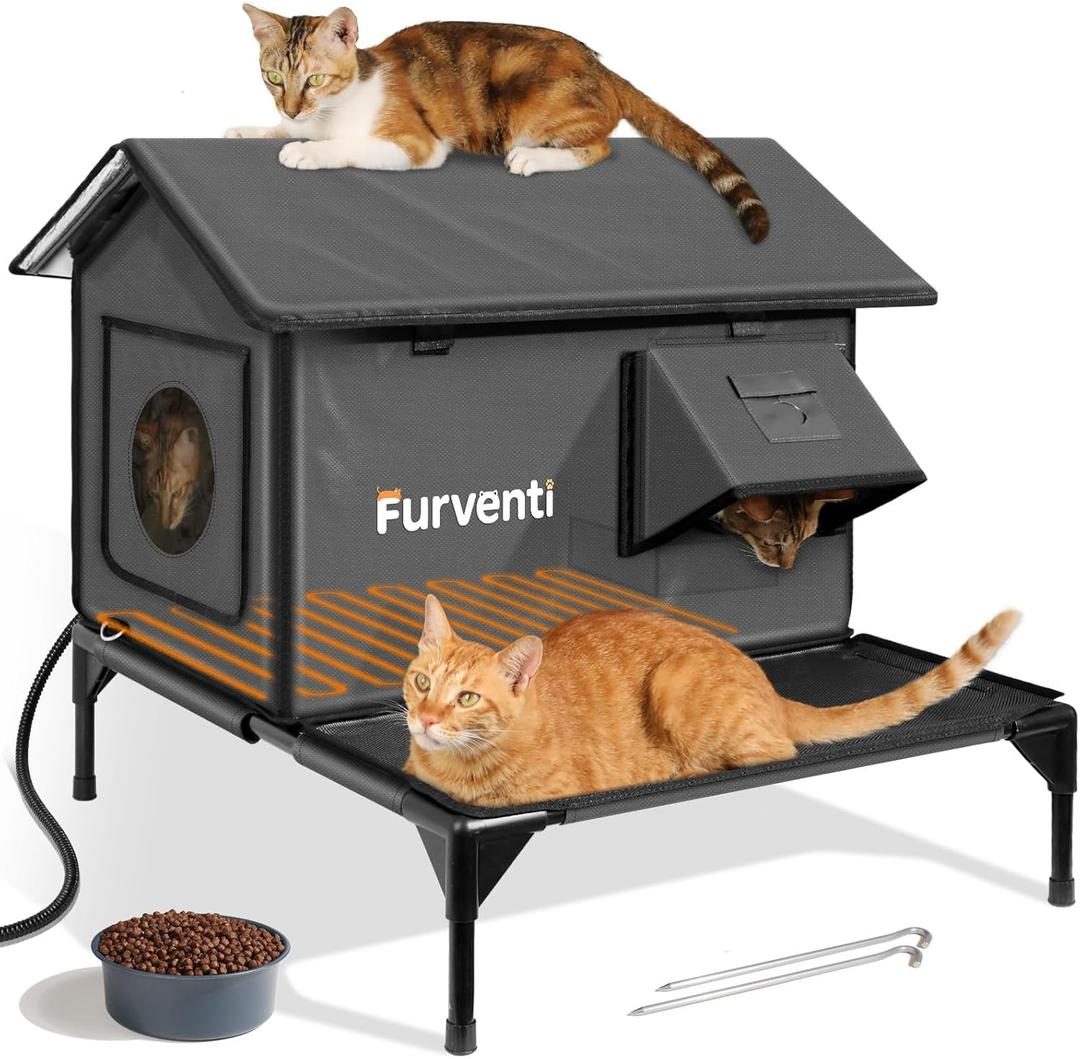 Heated Cat House for Outside,More Platform Space,Extremely Weatherproof & Insulated in Winter,Elevated Outdoor Cat Shelter with Eaves & Escape Door for Barn Feral Stray Cat(Dark Grey,Large) (24.4"L x 27.5"W x 24.8"H)