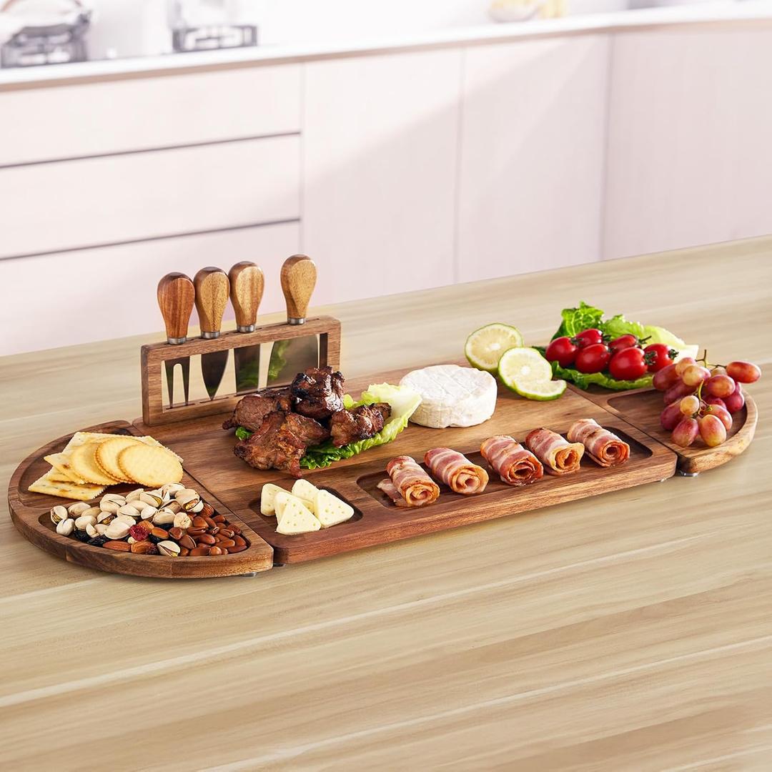 Large Acacia Wood Charcuterie Board Set, 25-inch 3-Piece Tray with 4 Knives & Magnetic Holder, Long Round Cheese & Appetizer Platter for Serving, Crackers, Snacks