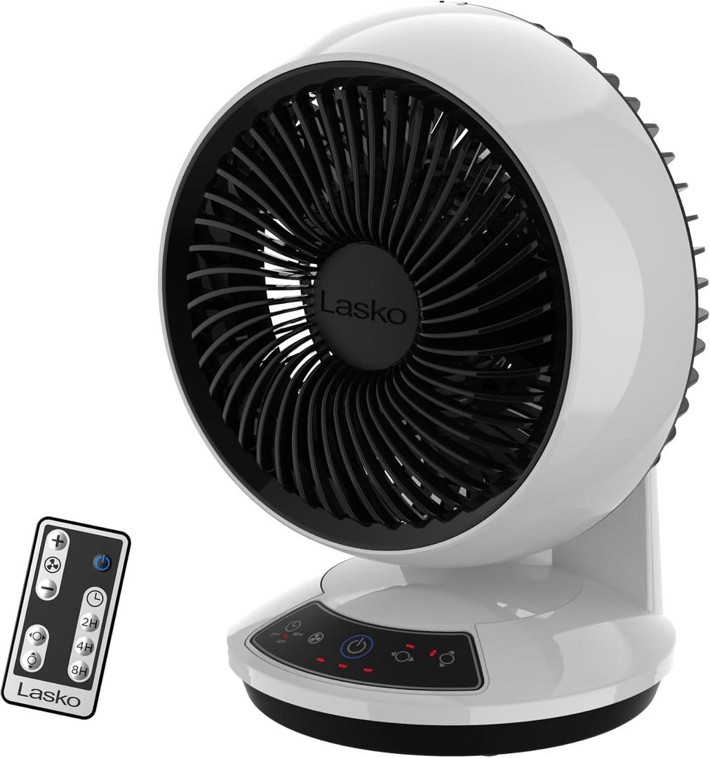 Lasko Whirlwind Orbital Motion Air Circulator Table Fan, 3 Speeds, Timer, Dark Mode, Remote Control for Small and Medium Sized Rooms, White, A12557