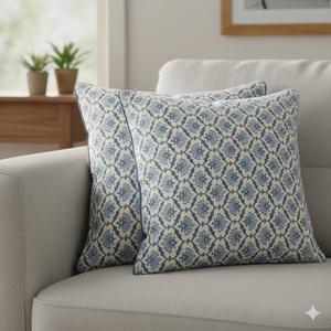 Columbia Blue Block Print Cotton Throw Pillow Covers for Decorative Couch Pillows for Living Room, Chic Boho Cute Outdoor Valentine Pillows Covers Gifts 20x20 Inches
