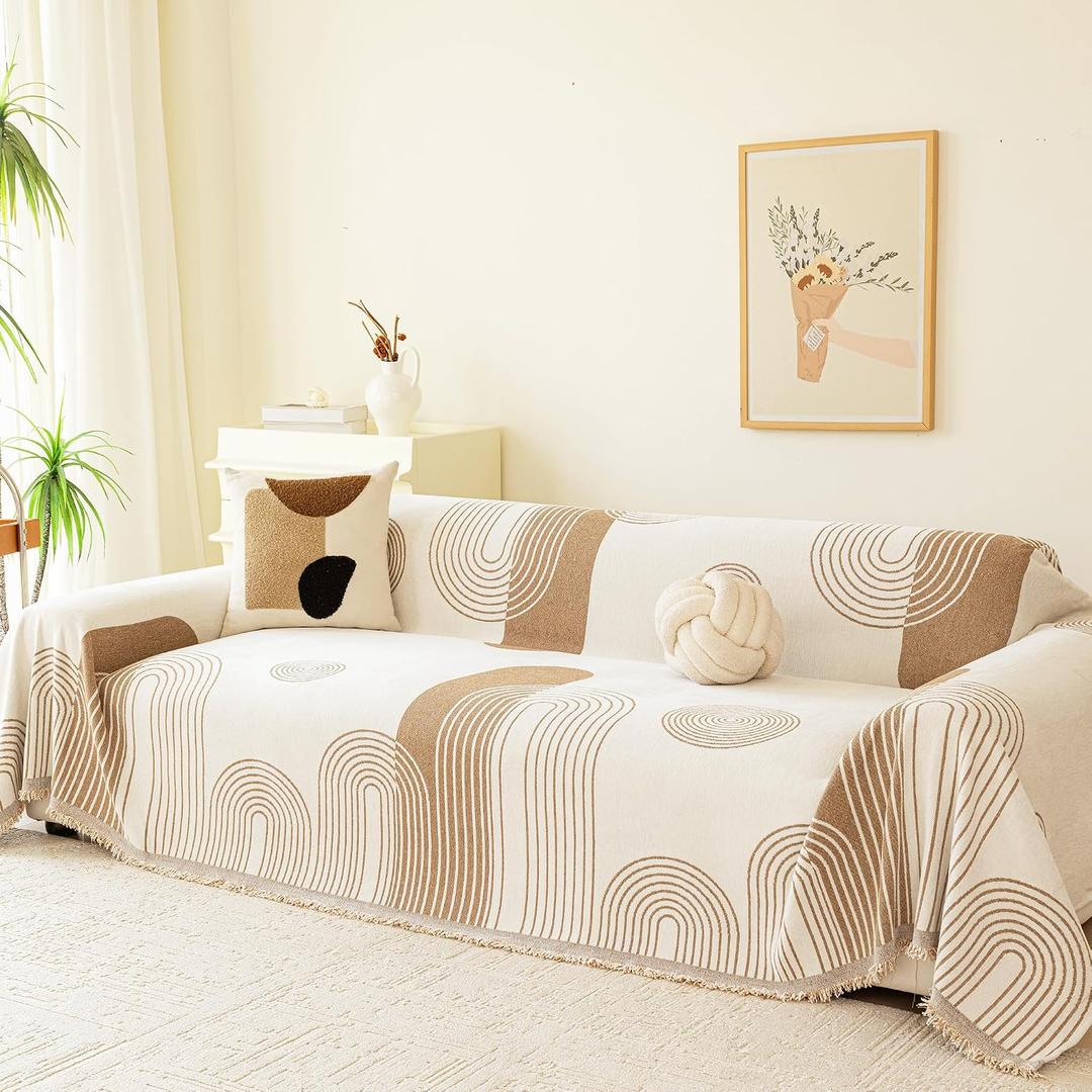 Boho Oversized Couch Sofa Cover for 3-4 Cushion Sectional Sofa L-Shape -Washable Chenille Couch Cover for Dogs Pets, Khaki Couch Cover Protector Soft Sofa Slipcovers with Tassel,91"x 150"