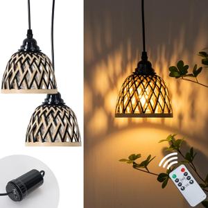 Outdoor Battery Operated Lights 5.31'' Small Dimmable Handmade Bamboo Pendant Light with Remote Timer 2 Pack Gazebo Lights for Porch Yard Outdoor Indoor Decor