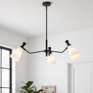 Black Dining Room Light Fixtures Over Table, 3-Light 33.5" Modern Farmhouse Chandelier with Milk Glass and Rods Adjustable Height for Kitchen Island, Foyer, Entryway, Living Room, E26 Base, Dia 32"