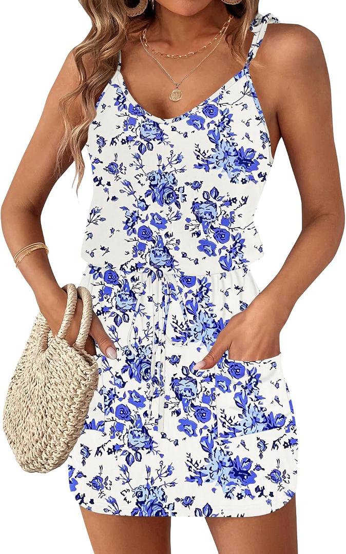 AUSELILY Womens Summer Dresses Sleeveless Spaghetti Strap Beach Cover up Drawstring Waist Mini Short Dress with Pockets (White, XXL)