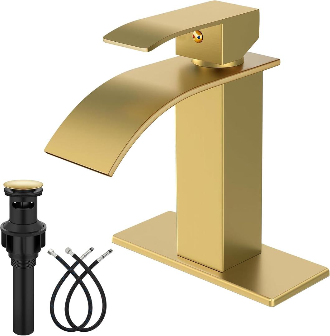 Midanya Bathroom Faucet with Waterfall Spout, Single Hole or 3-Hole Deck Mount, 304 Stainless Steel Sink Faucet with Pop-Up Drain, RV Vanity Compatible,Gold