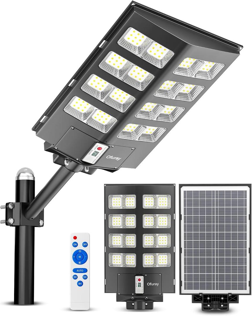 Ofuray Solar Street Lights Outdoor,Solar Security Flood Lights Parking Lot Lights Commercial Dusk to Dawn, 6500k Waterproof Led with Remote Control Motion for Street,Court,Barn (Of-2600W 268000Lm)