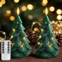Homemory Christmas Tree Candles with Remote, 2 Pcs Waxy LED Flameless Candles Flickering, Green Electric Lights Battery Operated for New Year Celebration Holiday Decorations 7.5 Inches