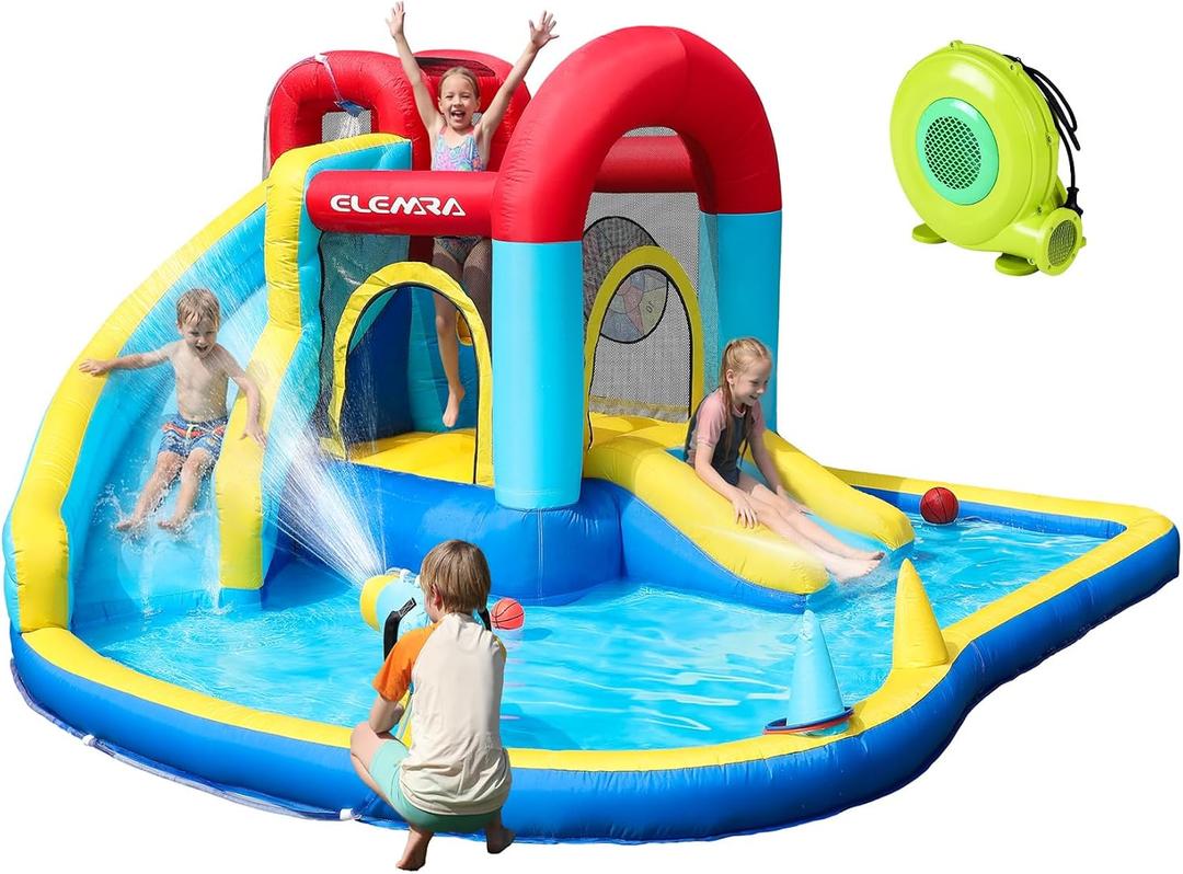 ELEMARA Inflatable Water Slide, 9 in 1 Kids Bounce House with 2 Slides, Pool&Trampoline, Fun Dart Game&Ring-toss Game, Climbing Walls, Bounce House with Blower for Outdoor Indoor, 108.3*106.3*56.3in