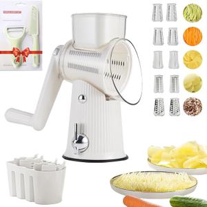 5 In 1 Rotary Cheese Grater Vegetable Slicer for Kitchen, Carrot Shredder Tool-Food Shredders with 5 Sets Interchangeable Blades And Strong Suction Base (White)