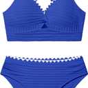 Oranchids Girls Swimsuit Solid Color Textured Bikini Set Contrast Trim Bathing Suit 2 Piece Swimwear Adjustable Straps, 7-8 Years