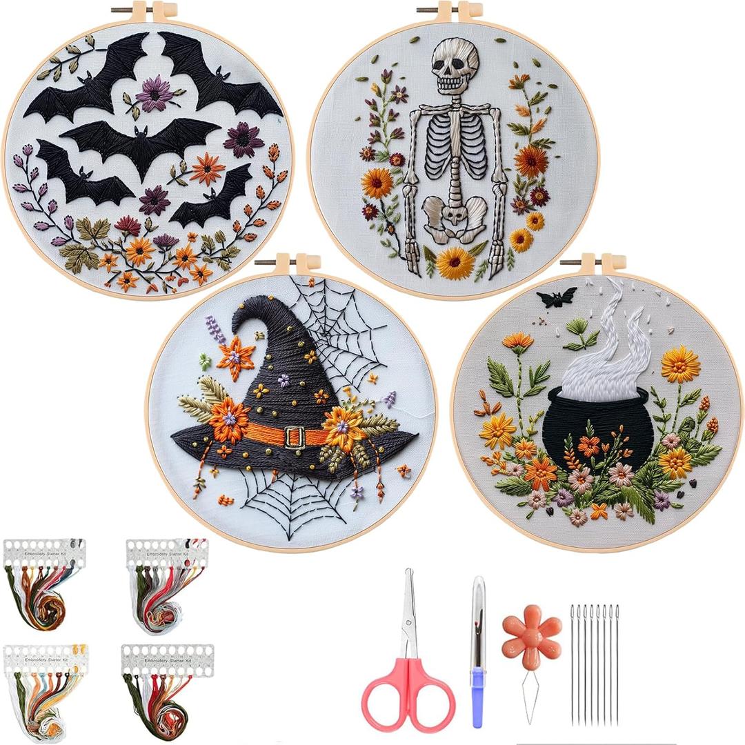 QBQBQ 4 Set Embroidery Kit for Beginners, Cross Stitch Kits Include 6 Inch Hoop, Needles, Threads, DIY Crafts for Adults, Halloween, Skull & Witch Hat Pattern, Home Decor Gift Idea