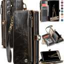 Defencase for Galaxy S25 Case Wallet with RFID Blocking Card Holder for Women Men, Elegant Leather Magnetic Snap Flip Wristlet Strap Zipper Wallet Phone Cases for Samsung Galaxy S25 5G 6.2", Coffee