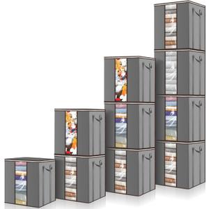 Extra Large Blanket Storage Bags 10 Pack 120L, Heavy Duty Foldable Organizers with Clear Window & Reinforced Handles, Breathable Clothes Containers for Comforter, Bedding, Pillow (Grey)
