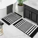Tindbea Bathroom Rugs Set 2 Piece, Extra Soft and Absorbent Fluffy Striped Chenille Bath Mat Rug Set, Non Slip Bathroom Floor Mat, Machine Washable (20" x 32" Plus 16" x 24", Black)