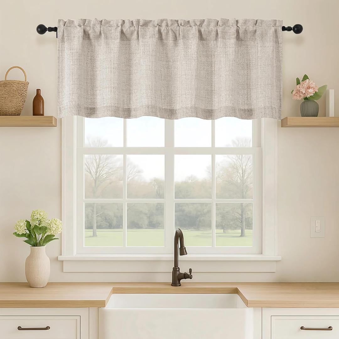 OVZME Valance for Windows, Light Filtering Faux Linen Textured Small Kitchen Valances for Windows, Dual Rod Pocket Farmhouse Short Curtain for Bathroom Basement, 52Wx18L inch, 1 Piece, Linen Color