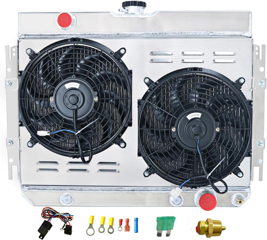 Aluminum Radiator for 1959-1968 Chevy Impala Chevelle Bel Air Caprice 64-67 El Camino 63-68 Biscayne Kingswood L6 V8, 3 Row Core Radiators Shroud Fan Relay Kits