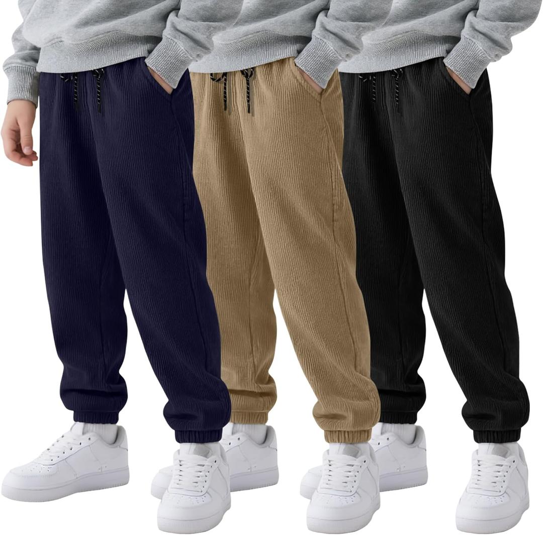 3 Pack Boys Joggers Kids Corduroy Sweatpants Casual Elastic Waist Drawstring Athletic Uniform Pants with Pockets (12-13 Years, Navy Blue, Khaki, Black)