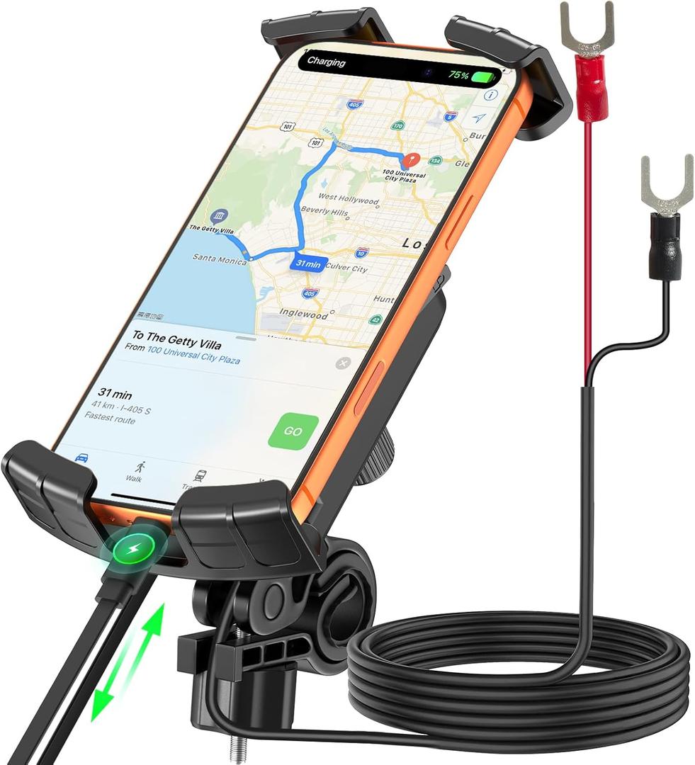 Motorcycle Phone Mount,with USB Charger (QC3.0/PD3.0 Fast Charging),Built-in Retractable Type-C Data Cable,with Motorcycles and Electric Bicycles,Compatible with All Phones from 4.7-6.8"