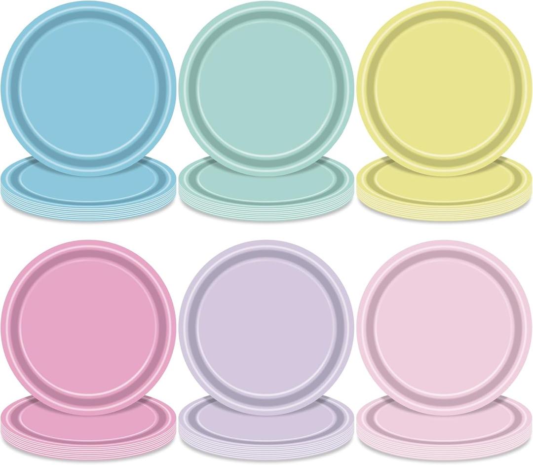 48 Pieces Pastel Paper Plates  7 Inch Macaron Color Disposable Dessert Plates in Pink, Blue, Yellow, Green, Purple, and Light Pink for Birthday Parties, Baby Showers, Weddings, and Celebrations