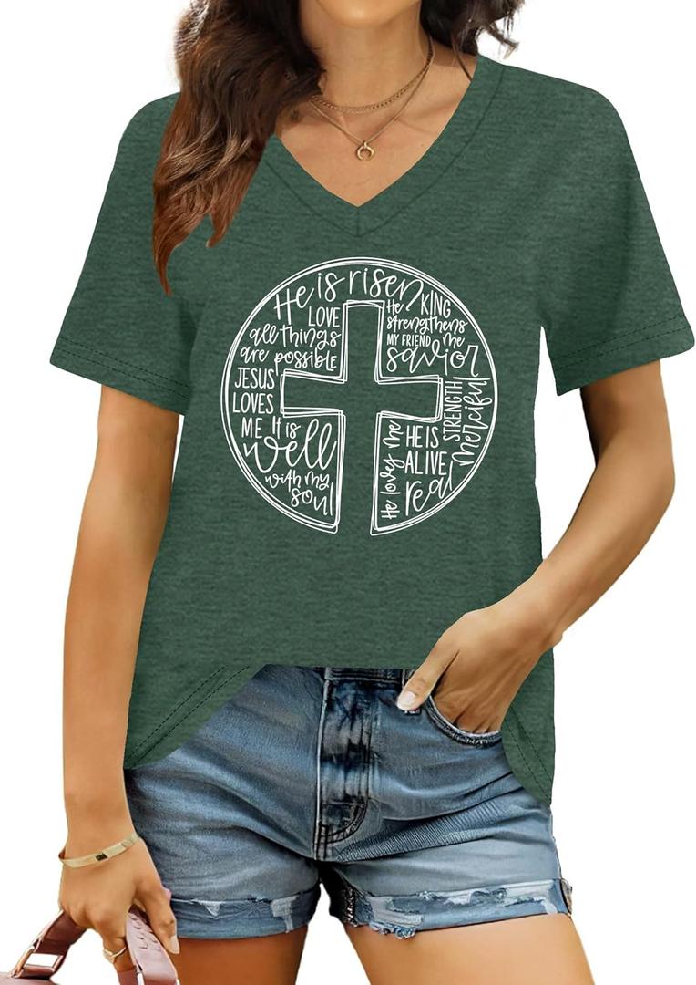 Easter Shirt Women Cute Bunny T Shirt Happy Easter Shirts Rabbit Graphic Easter Gift Tees Holiday V Neck Tops (XL)