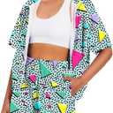 UOUA Women's 80s Color Block Outfits 2 Piece Tracksuit 90s Party Costume Summer Zip Up Windbreaker & Short Sets (Large)
